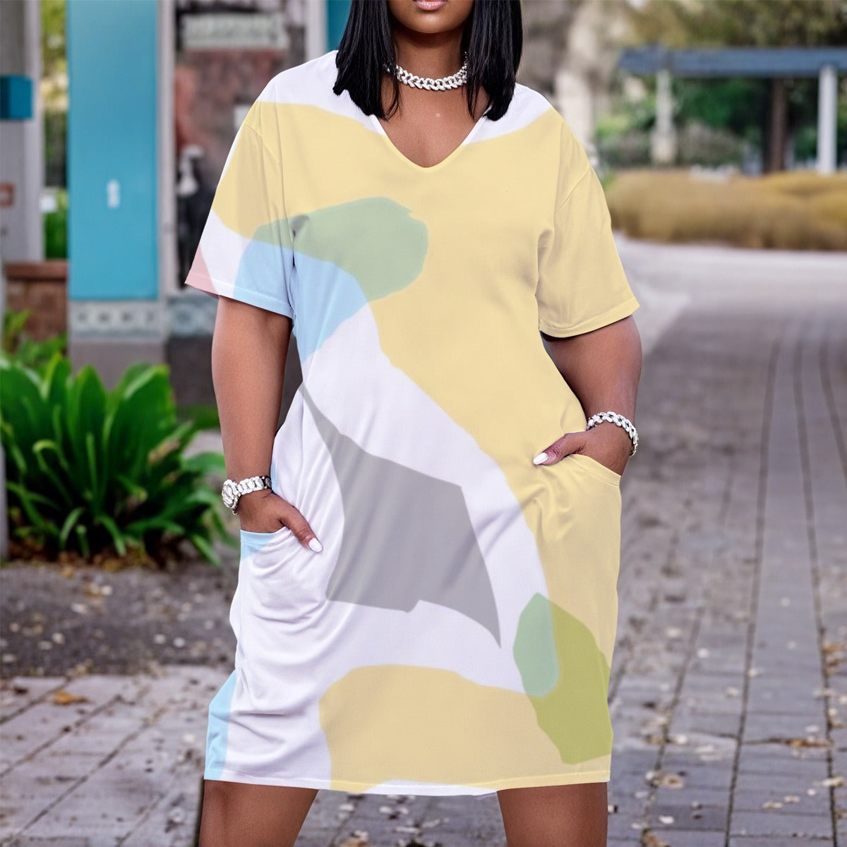 All-Over Print Women'S V Neck Short Sleeve Dress|Plus Size
